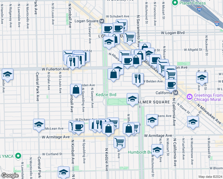 map of restaurants, bars, coffee shops, grocery stores, and more near 2233 North Kedzie Boulevard in Chicago