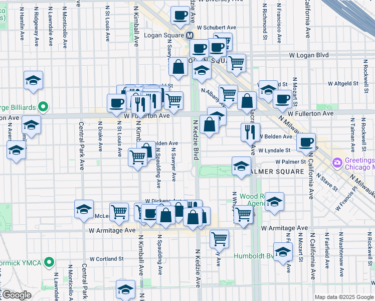 map of restaurants, bars, coffee shops, grocery stores, and more near 2228 North Kedzie Boulevard in Chicago