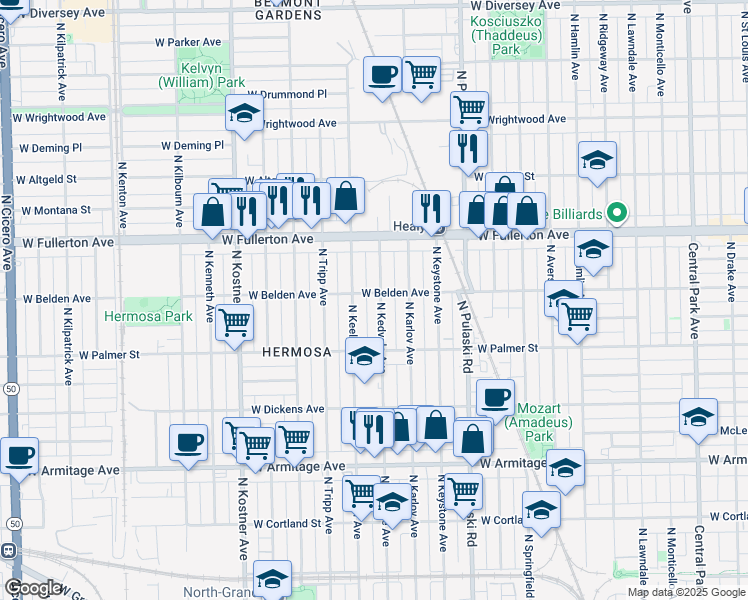 map of restaurants, bars, coffee shops, grocery stores, and more near 2238 North Kedvale Avenue in Chicago