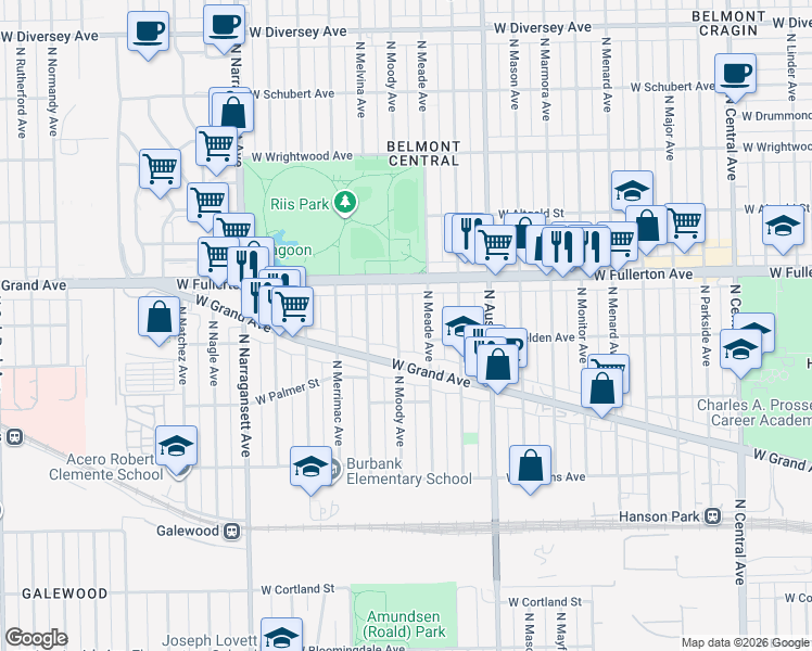 map of restaurants, bars, coffee shops, grocery stores, and more near 2264 North Meade Avenue in Chicago