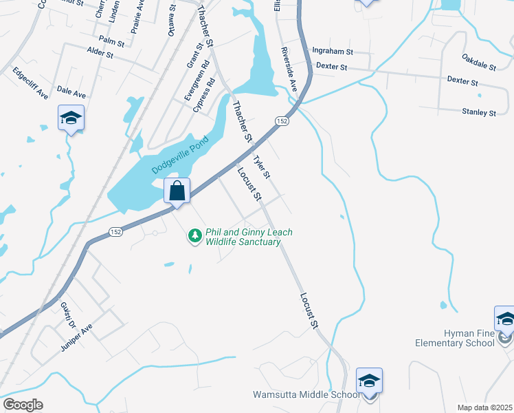 map of restaurants, bars, coffee shops, grocery stores, and more near 65 Locust Street in Attleboro