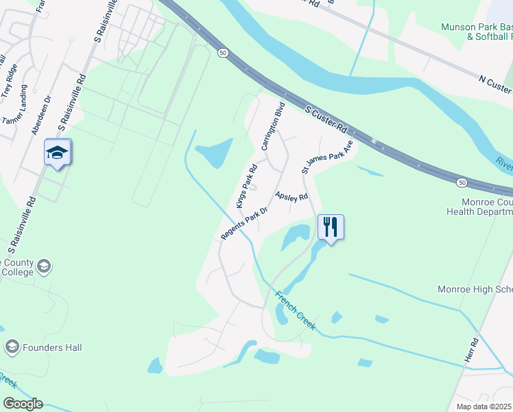 map of restaurants, bars, coffee shops, grocery stores, and more near 887 Regents Park Drive in Monroe