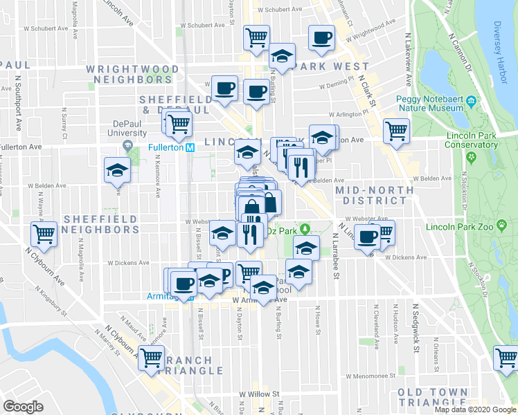 map of restaurants, bars, coffee shops, grocery stores, and more near 2219 North Halsted Street in Chicago