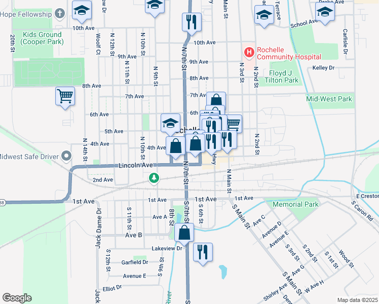 map of restaurants, bars, coffee shops, grocery stores, and more near 311 North 7th Street in Rochelle