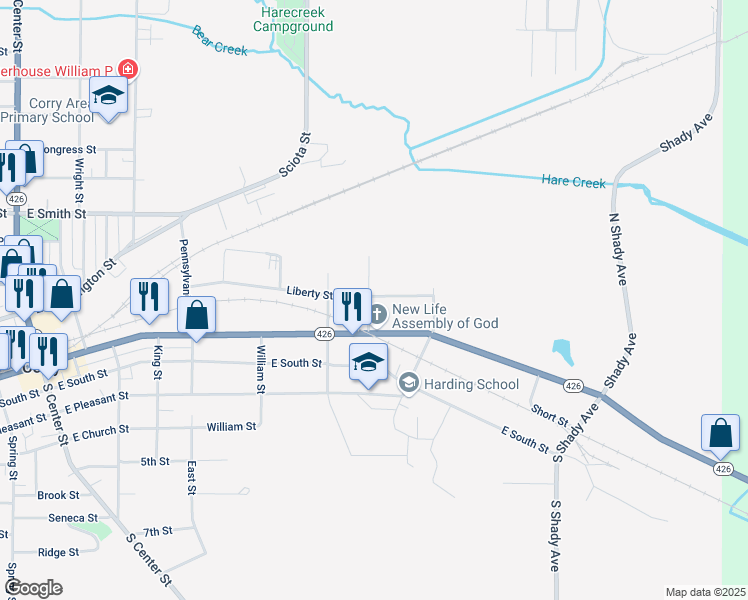 map of restaurants, bars, coffee shops, grocery stores, and more near 138 Railroad Street in Corry