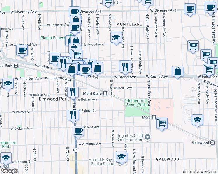 map of restaurants, bars, coffee shops, grocery stores, and more near 7006 West Medill Avenue in Chicago