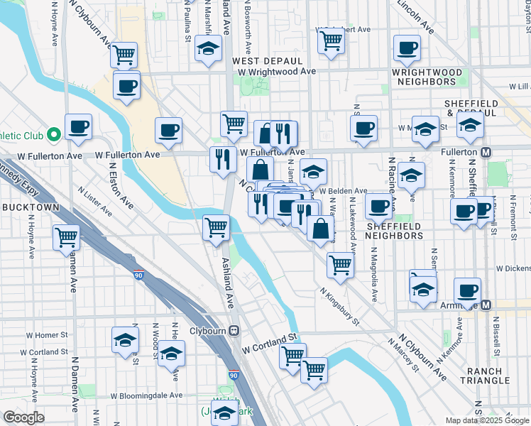map of restaurants, bars, coffee shops, grocery stores, and more near 1470 West Webster Avenue in Chicago