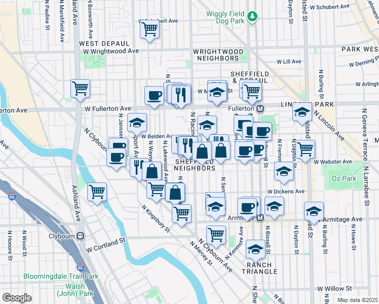 map of restaurants, bars, coffee shops, grocery stores, and more near in Chicago