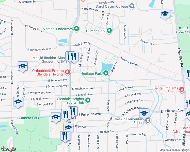 map of restaurants, bars, coffee shops, grocery stores, and more near 289 Paddock Circle in Glendale Heights