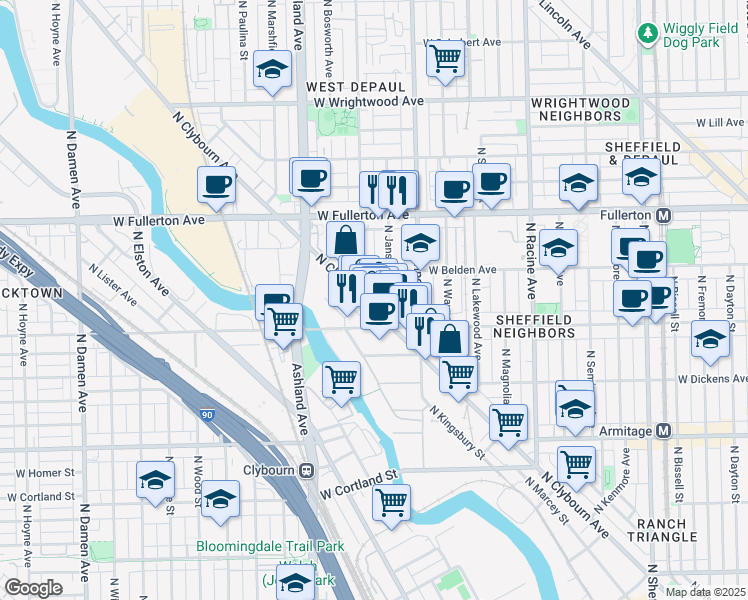 map of restaurants, bars, coffee shops, grocery stores, and more near 2237 North Clybourn Avenue in Chicago