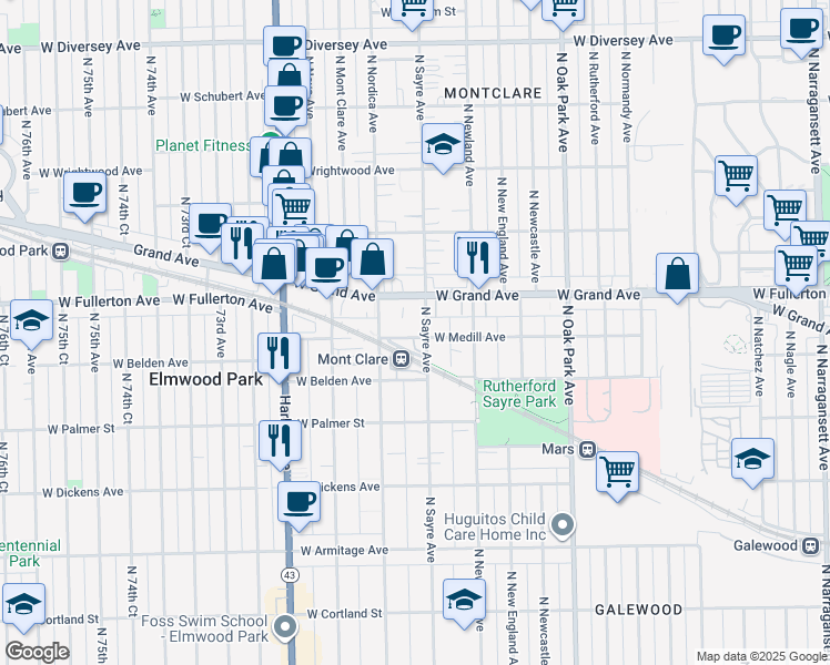 map of restaurants, bars, coffee shops, grocery stores, and more near 7001 West Medill Avenue in Chicago