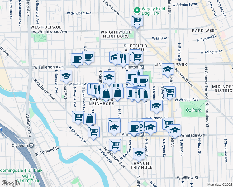map of restaurants, bars, coffee shops, grocery stores, and more near 2224 North Seminary Avenue in Chicago