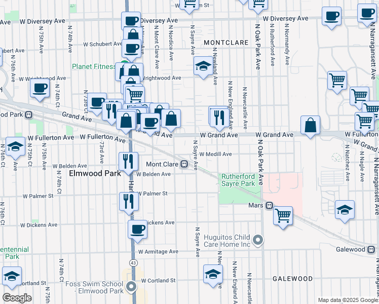 map of restaurants, bars, coffee shops, grocery stores, and more near 7001 West Medill Avenue in Chicago