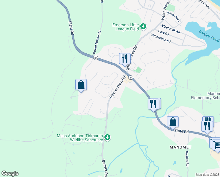 map of restaurants, bars, coffee shops, grocery stores, and more near 22 Beaver Dam Road in Plymouth