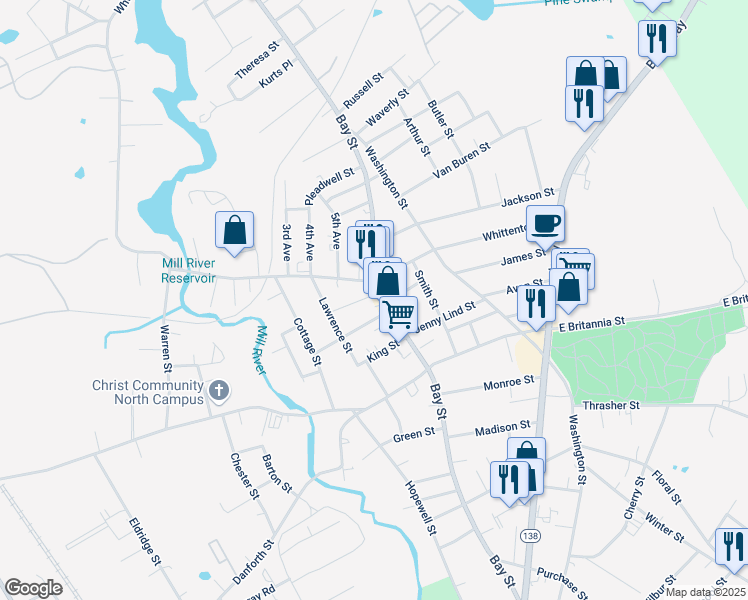 map of restaurants, bars, coffee shops, grocery stores, and more near 11 State Street in Taunton