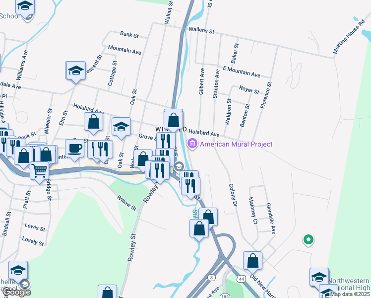 map of restaurants, bars, coffee shops, grocery stores, and more near 74 Whiting Street in Winsted