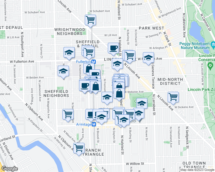map of restaurants, bars, coffee shops, grocery stores, and more near 2200 North Fremont Street in Chicago