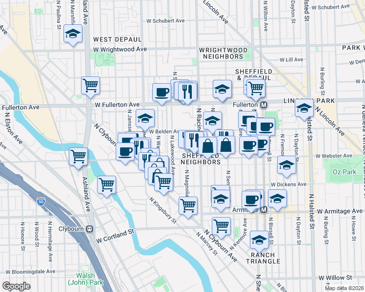 map of restaurants, bars, coffee shops, grocery stores, and more near 1240 West Webster Avenue in Chicago