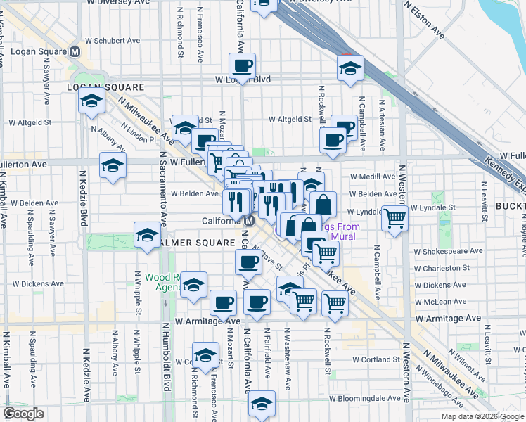 map of restaurants, bars, coffee shops, grocery stores, and more near 2262 North Milwaukee Avenue in Chicago