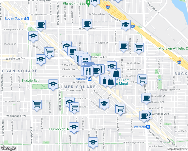 map of restaurants, bars, coffee shops, grocery stores, and more near 2262 North Milwaukee Avenue in Chicago