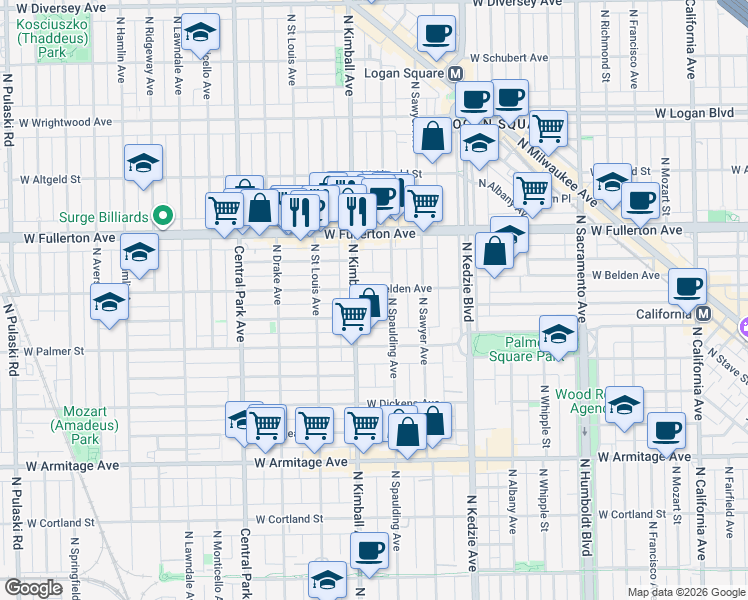 map of restaurants, bars, coffee shops, grocery stores, and more near 2234 North Spaulding Avenue in Chicago