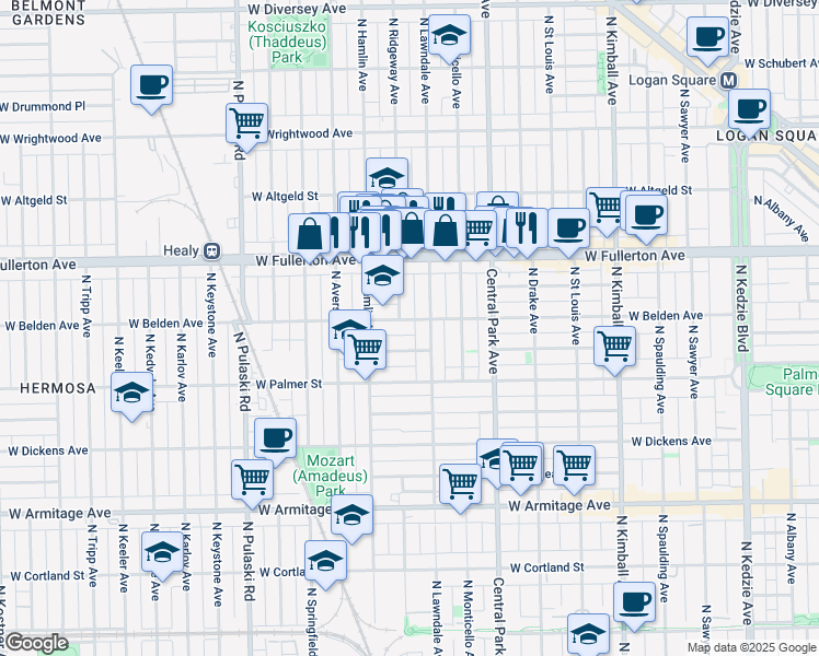 map of restaurants, bars, coffee shops, grocery stores, and more near 3714 West Lyndale Street in Chicago