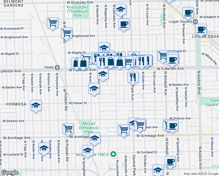 map of restaurants, bars, coffee shops, grocery stores, and more near 3714 West Lyndale Street in Chicago