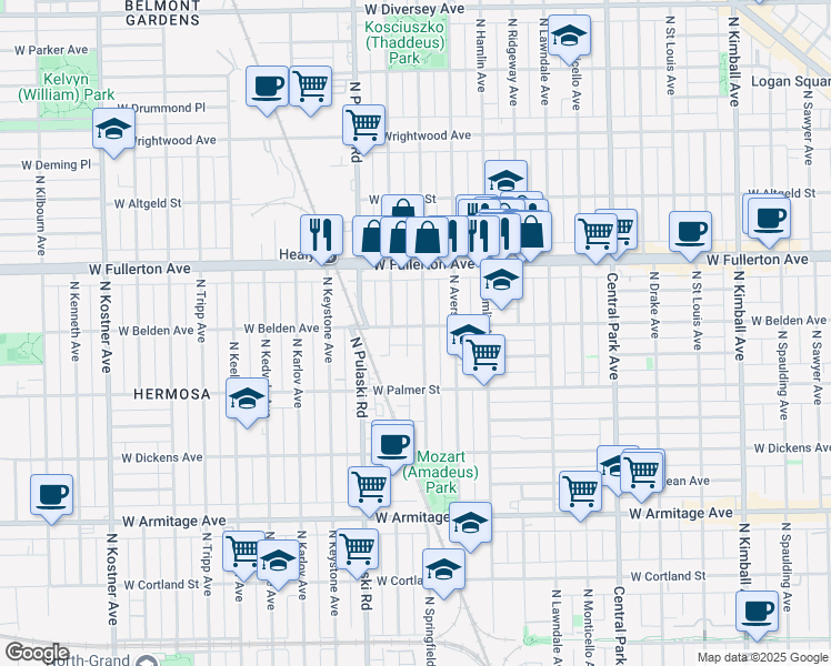 map of restaurants, bars, coffee shops, grocery stores, and more near 2236 North Springfield Avenue in Chicago