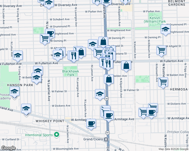 map of restaurants, bars, coffee shops, grocery stores, and more near 2249 North Lamon Avenue in Chicago