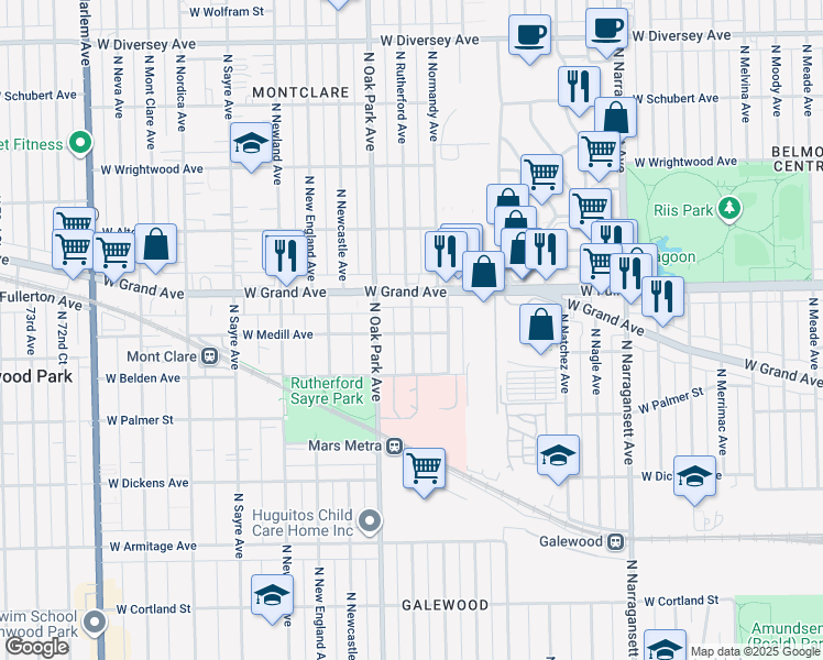 map of restaurants, bars, coffee shops, grocery stores, and more near 2327 North Rutherford Avenue in Chicago