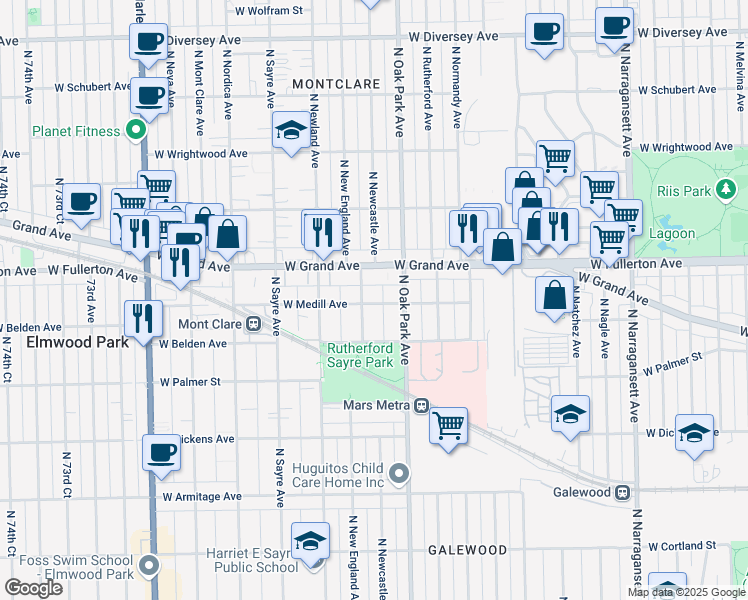 map of restaurants, bars, coffee shops, grocery stores, and more near 2327 North Newcastle Avenue in Chicago