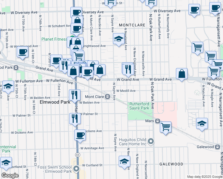 map of restaurants, bars, coffee shops, grocery stores, and more near 7001 West Medill Avenue in Chicago