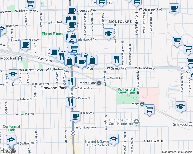 map of restaurants, bars, coffee shops, grocery stores, and more near 2319 North Nordica Avenue in Chicago