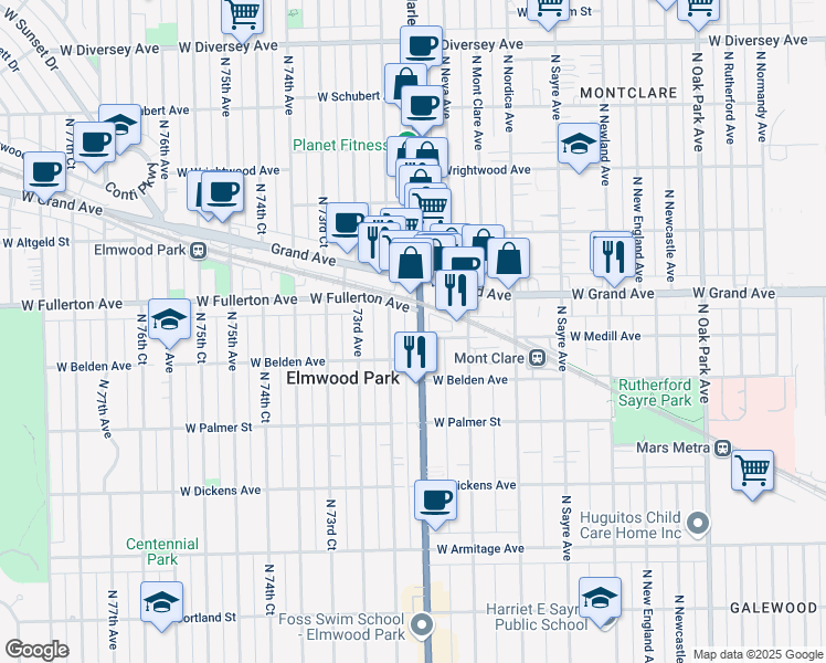 map of restaurants, bars, coffee shops, grocery stores, and more near 2305 North 72nd Court in Elmwood Park