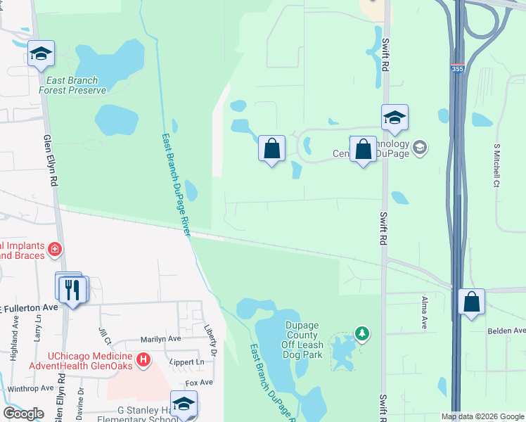 map of restaurants, bars, coffee shops, grocery stores, and more near 21W723 Park Avenue in Lombard