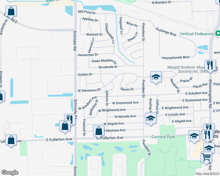 map of restaurants, bars, coffee shops, grocery stores, and more near 1737 Gilberto Street in Glendale Heights