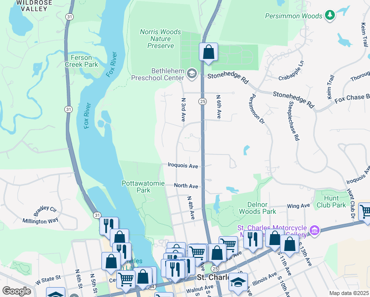 map of restaurants, bars, coffee shops, grocery stores, and more near 911 North 4th Avenue in St. Charles