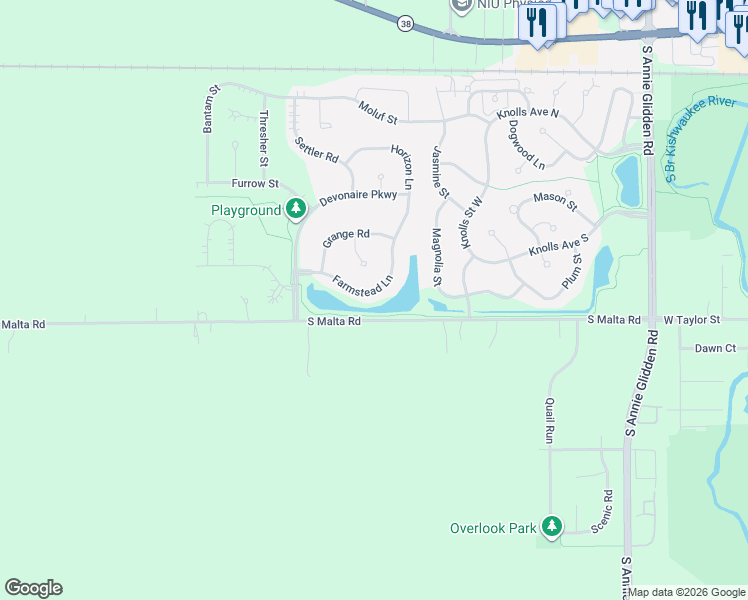 map of restaurants, bars, coffee shops, grocery stores, and more near 1540 Farmstead Lane in DeKalb