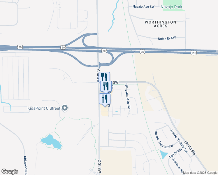 map of restaurants, bars, coffee shops, grocery stores, and more near 5721 C Street Southwest in Cedar Rapids