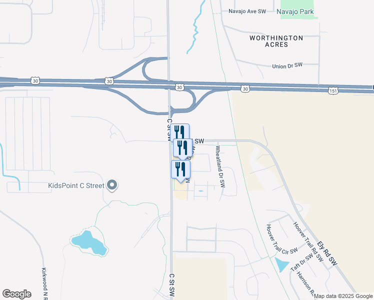 map of restaurants, bars, coffee shops, grocery stores, and more near 5721 C Street Southwest in Cedar Rapids