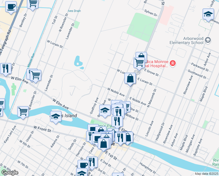 map of restaurants, bars, coffee shops, grocery stores, and more near 206 West Noble Avenue in Monroe