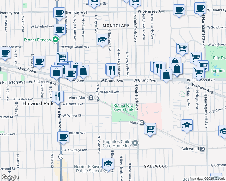 map of restaurants, bars, coffee shops, grocery stores, and more near 6912 West Medill Avenue in Chicago