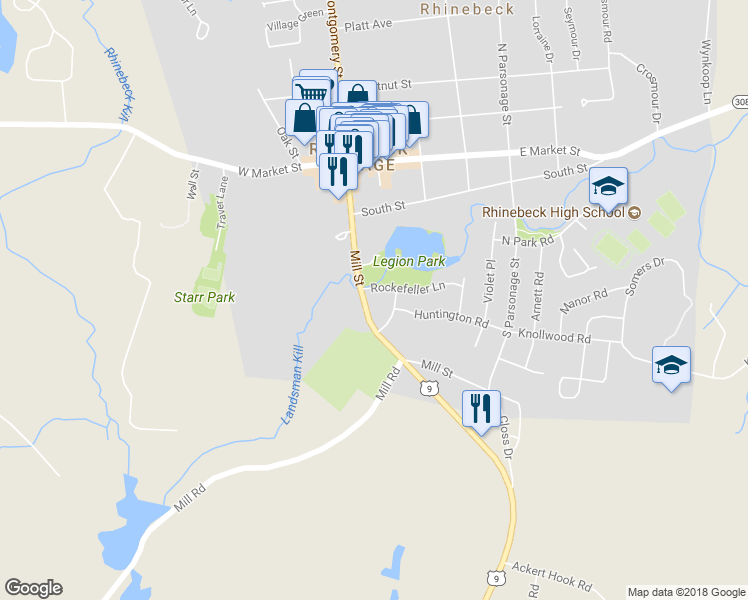 map of restaurants, bars, coffee shops, grocery stores, and more near 6324 Mill Street in Rhinebeck Village Business District
