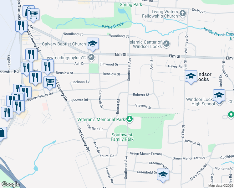 map of restaurants, bars, coffee shops, grocery stores, and more near 30 Bristol Road in Windsor Locks