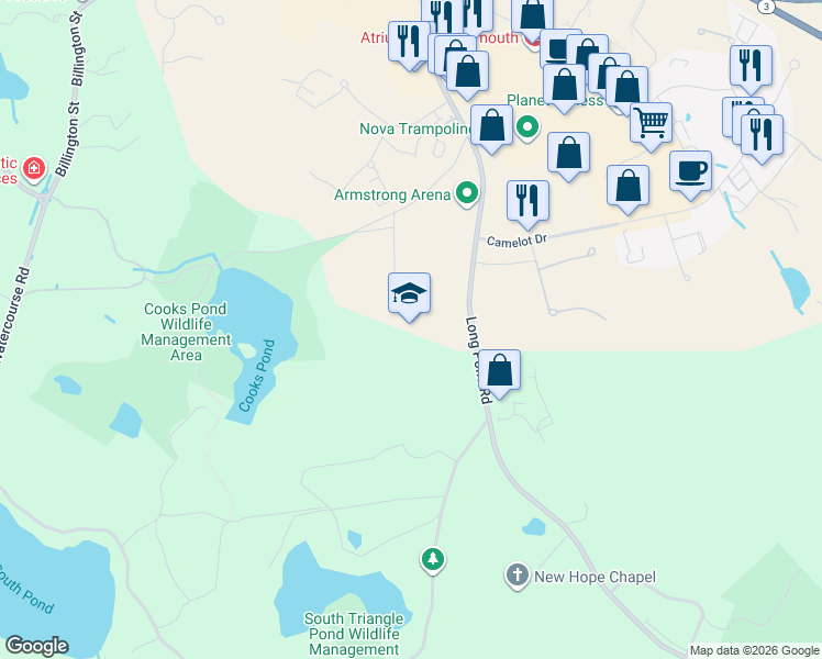 map of restaurants, bars, coffee shops, grocery stores, and more near 117 Long Pond Road in Plymouth