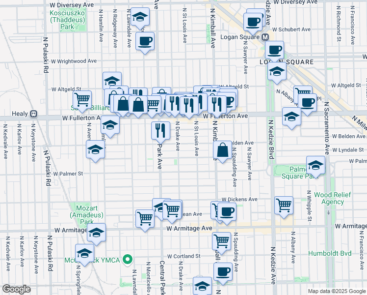 map of restaurants, bars, coffee shops, grocery stores, and more near 3527 West Belden Avenue in Chicago