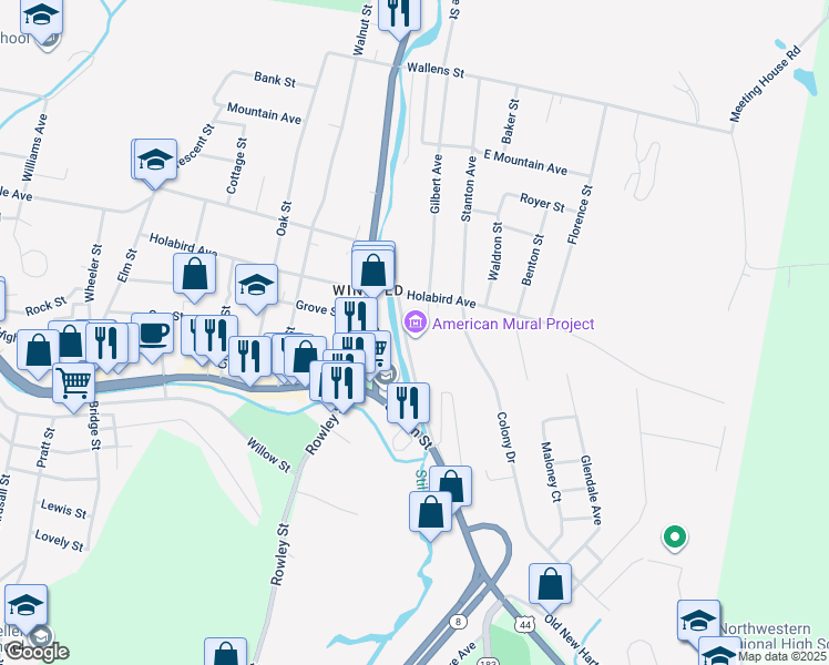 map of restaurants, bars, coffee shops, grocery stores, and more near 74 Whiting Street in Winsted