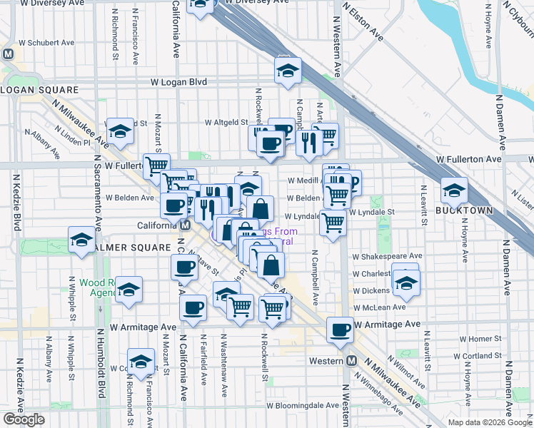 map of restaurants, bars, coffee shops, grocery stores, and more near 2208 North Maplewood Avenue in Chicago
