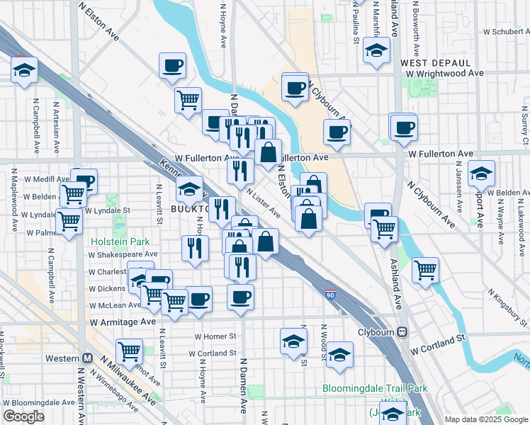 map of restaurants, bars, coffee shops, grocery stores, and more near 2306 North Lister Avenue in Chicago