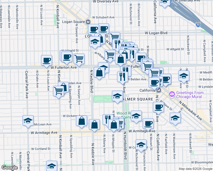 map of restaurants, bars, coffee shops, grocery stores, and more near 3106 West Lyndale Street in Chicago